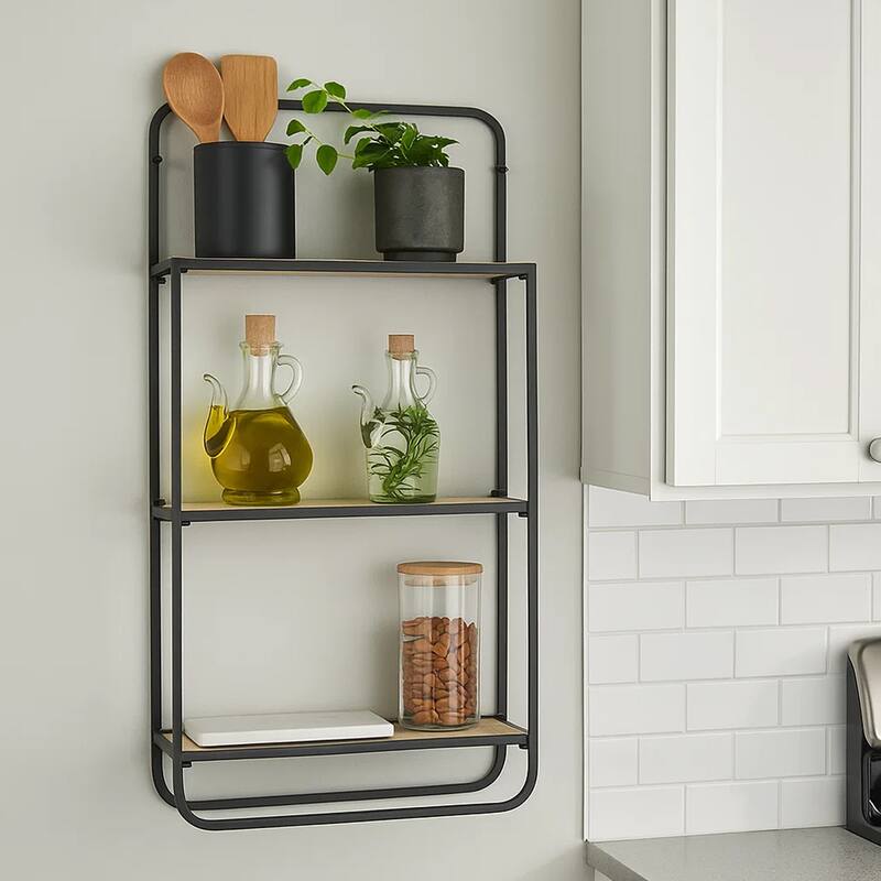 32 Inch Shelving Unit, Black Curved Iron Frame, Three Fir Wood Shelves