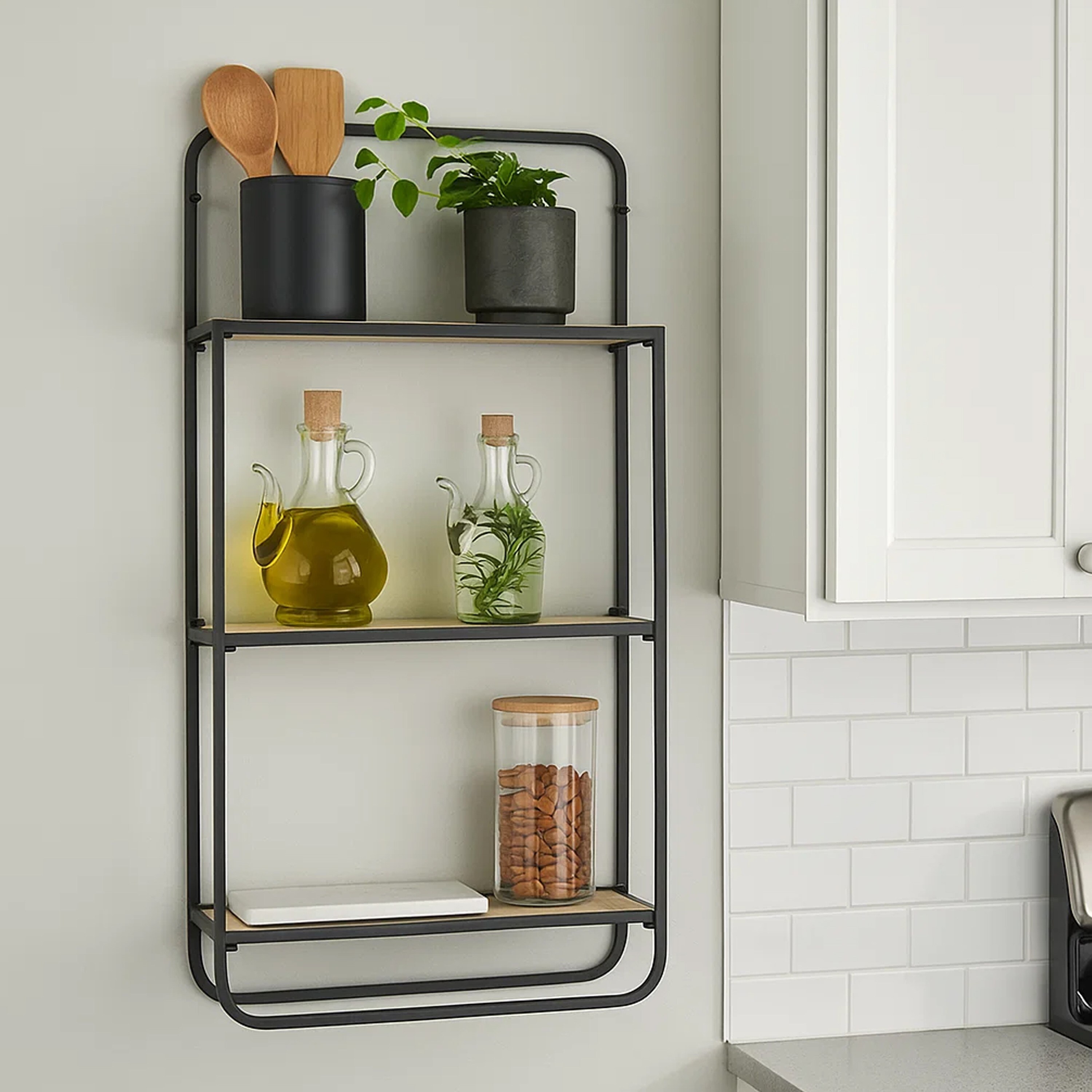 32 Inch Shelving Unit, Black Curved Iron Frame, Three Fir Wood