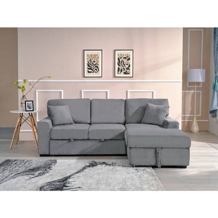 Corduroy Fabric Pull Out Sectional Sofa Bed with Storage Chaise and Pillows