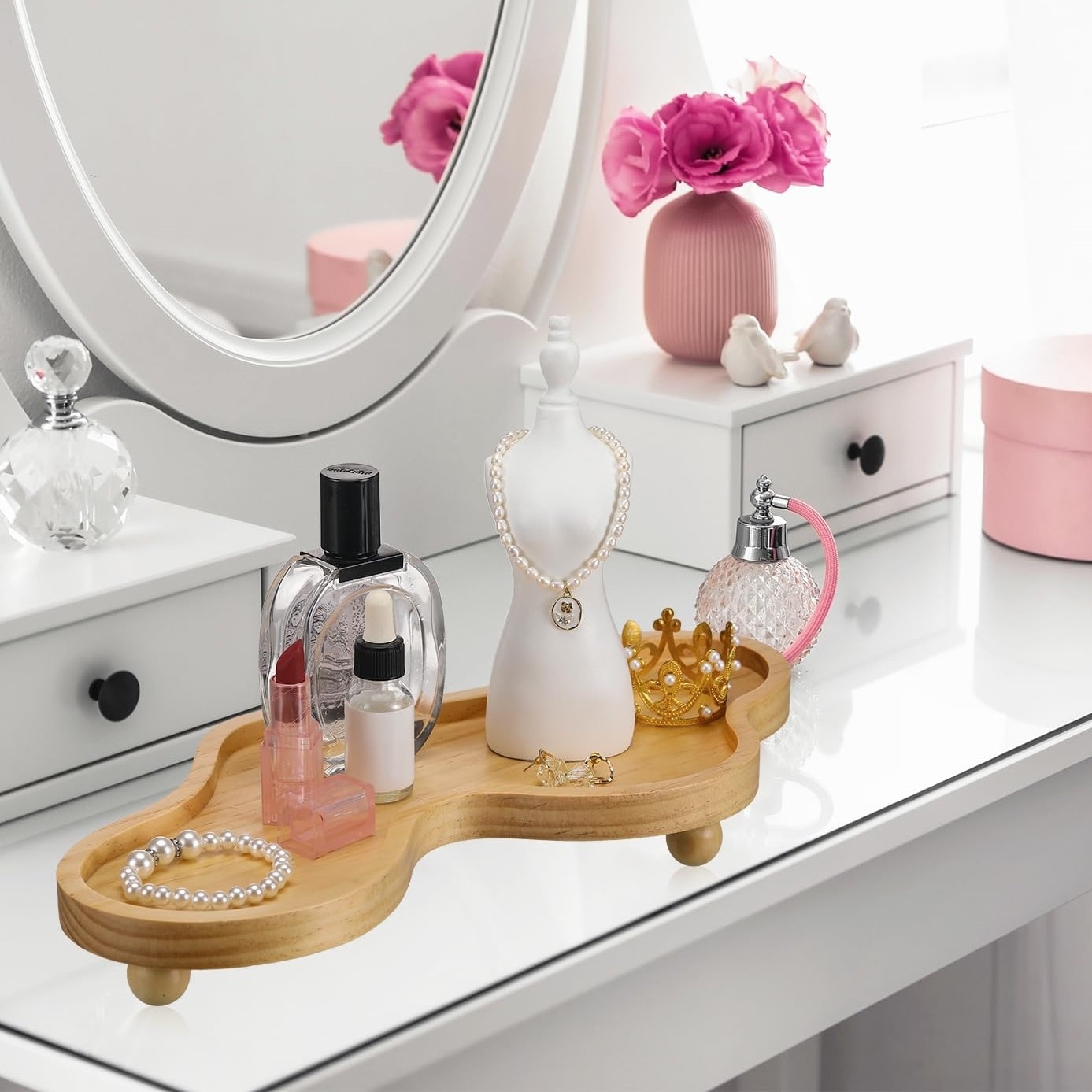 perfume tray for dresser Afoxsos Classic Decorative Vanity Perfume Dresser Jewelry Organizer Makeup Mirror Tray (Polished Gold)