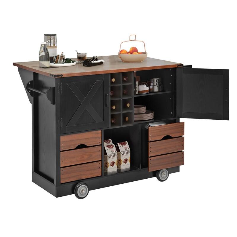 Farmhouse 54" Kitchen Island Cart with Drop Leaf Power Outlet, Rolling Kitchen Island on 4 Large Wheels with Spice Rack