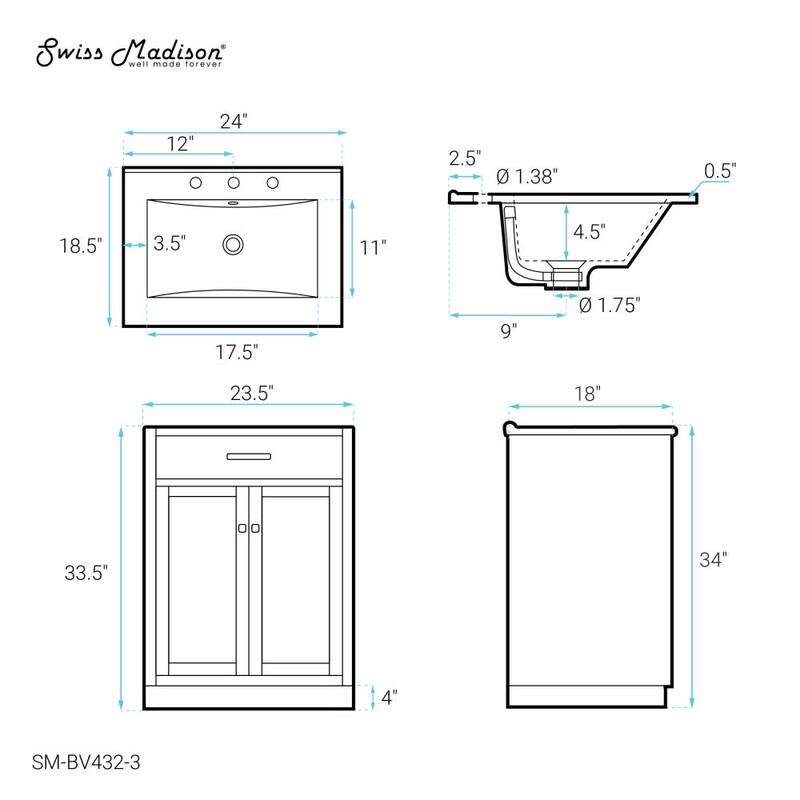 Swiss Madison SM-BV432-3 Burdon 24" Free Standing Single Basin Vanity