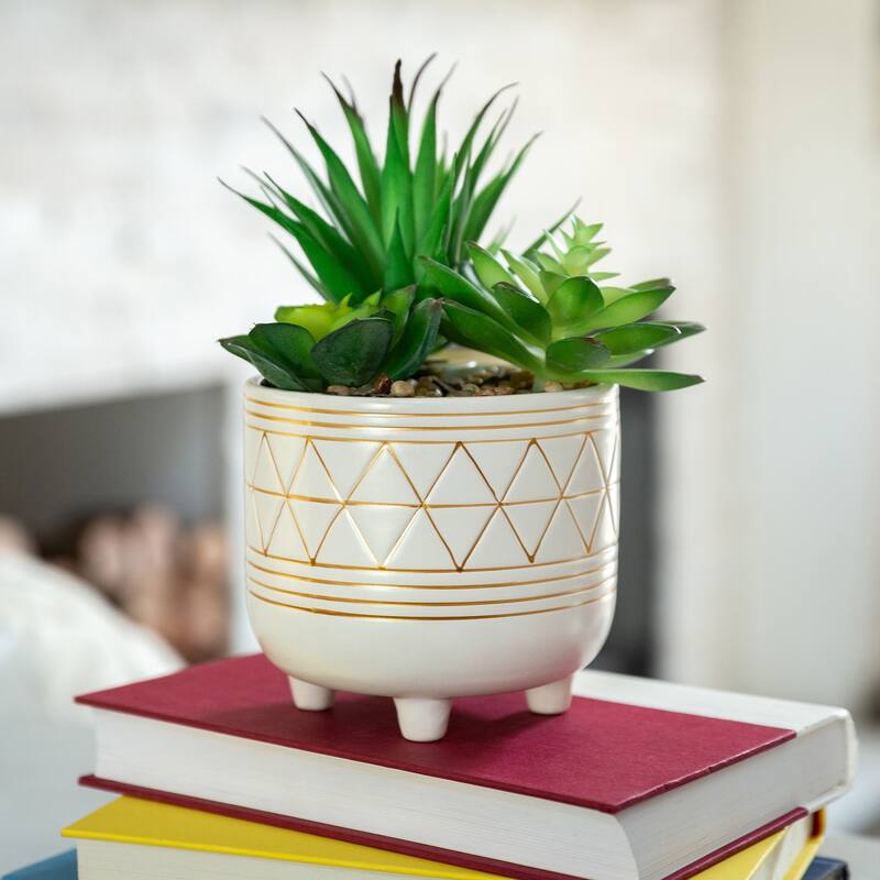 Artificial Plant Succulent in 5" GEO CERAMIC Footed Pot - ONE-SIZE
