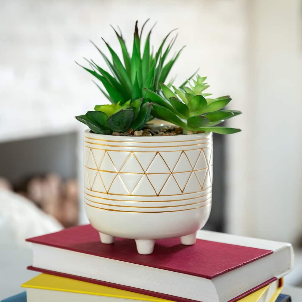 Artificial Plant Succulent in 5" GEO CERAMIC Footed Pot - ONE-SIZE