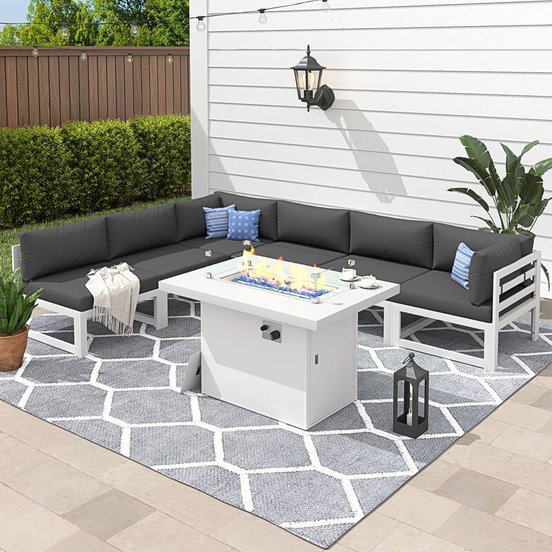 7 Piece Aluminum Patio Furniture Set with Fire Pit Propane/Gas, 29 inch Deep Wide Seat Aluminum Outdoor Sectional