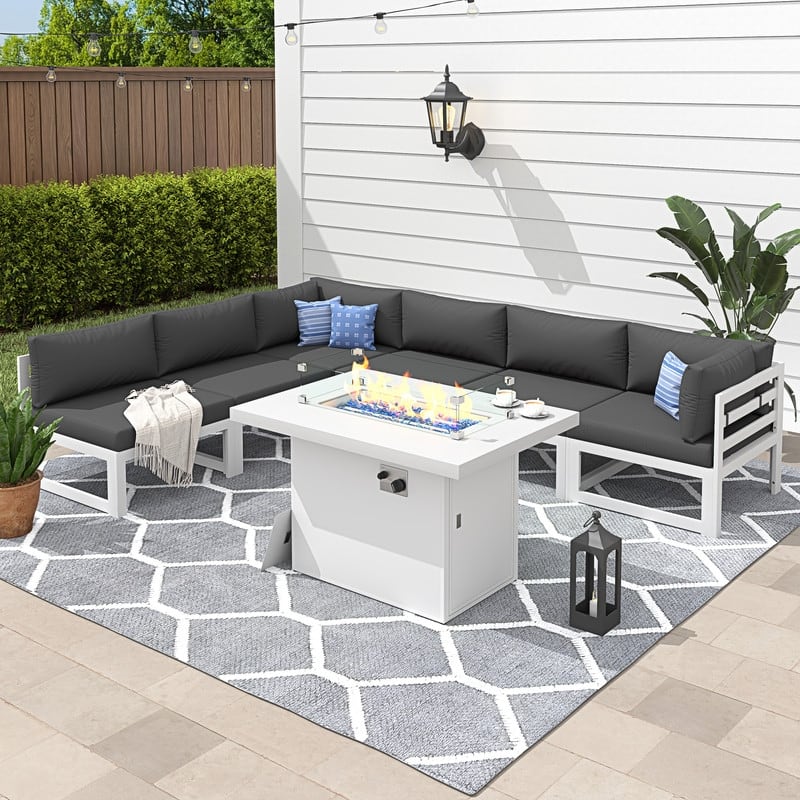 FINCATI 7 Piece Aluminum Outdoor Furniture Set with Propane/Natural Gas Fire Pit Table, 29" Wide Outdoor Sectional Sofa for 6 - Dark Grey