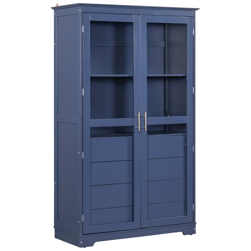 Kitchen Pantry, Freestanding Kitchen Storage Cabinet Display Cabinet with Glass Doors and 4 Built-in Drawers for Living Room