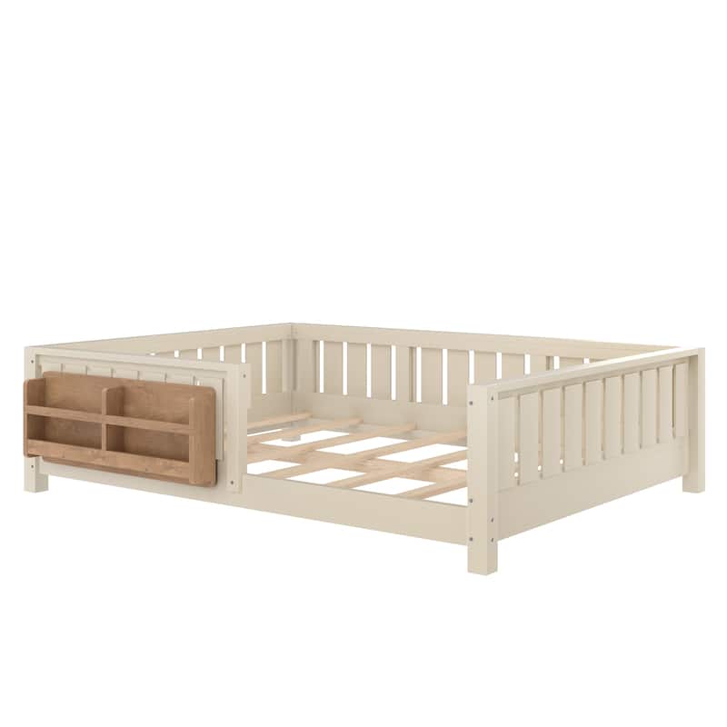 Low Profile Montessori Bed Floor Platform Bed with Fence and Bookshelf