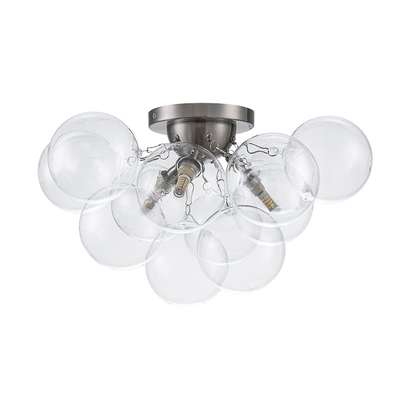 3-Light Clear Glass Globe Bubble Semi Flush Chandelier - Brass 18in