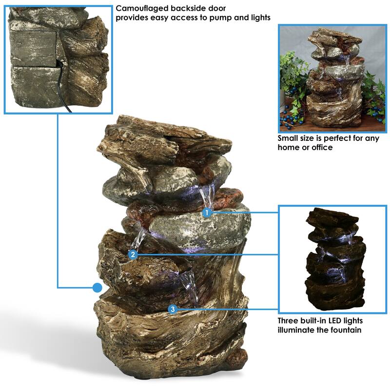 Sunnydaze Tiered Rock and Log Tabletop Fountain with LED Lights - 10.5-Inch