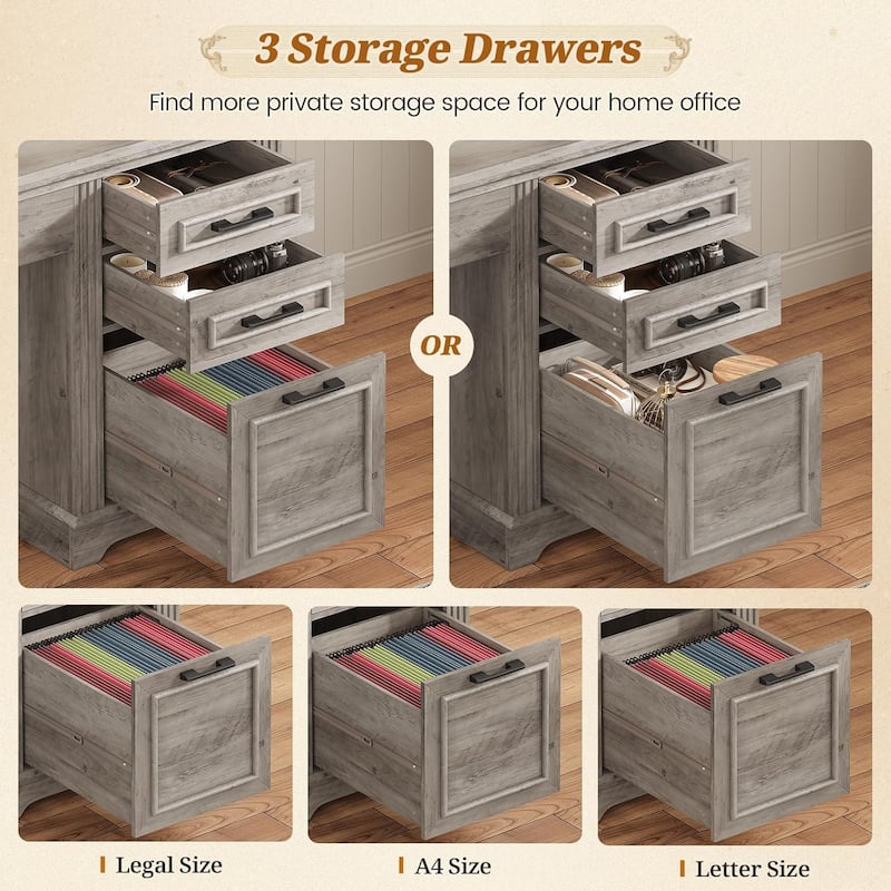Farmhouse Executive Desk Home Office Desk File Drawer Monitor Stand Power Outlet
