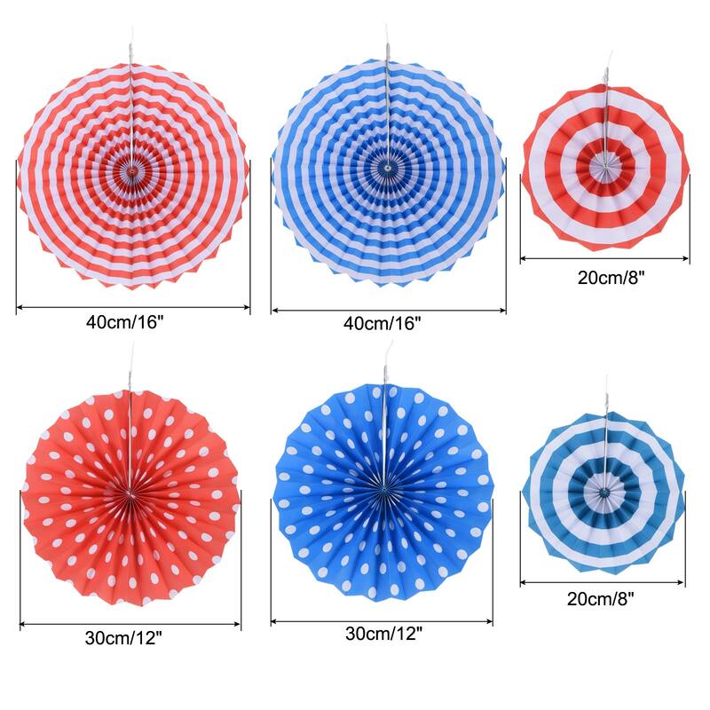1 Set/6Pcs Paper Fans Hanging Decoration Round 8"/12"/16", Red Blue - Red Blue - Red Blue