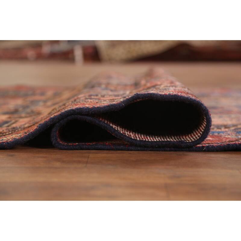 Hand Knotted Oriental 100% Wool Carpet Traditional Geometric Navy Blue & Blues Hamedan Runner Rug - 8' 9'' X 3' 8''
