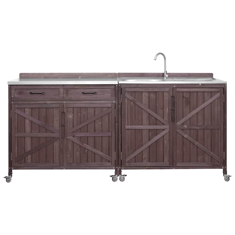 39.4" Rolling Outdoor Kitchen Island with 304 Stainless Steel Sink, Faucet & Cabinet for Pizza Prep