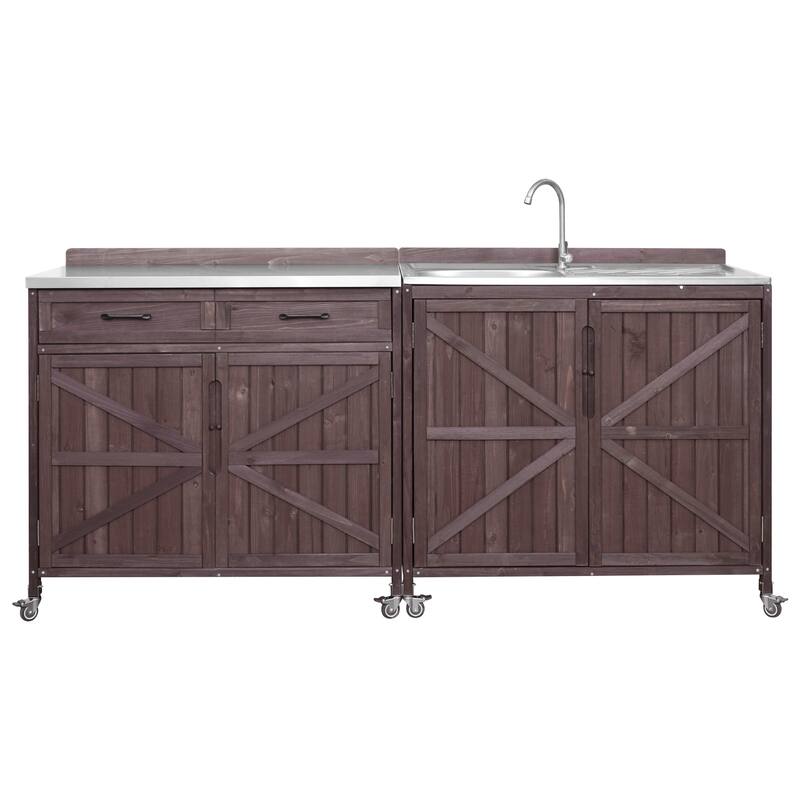 Outdoor Kitchen Island Series, 2 Piece Modular Solid Wood Set, 304 Sink Station, Drawer, 2 Door Shelves, Outdoor Storage Cabinet