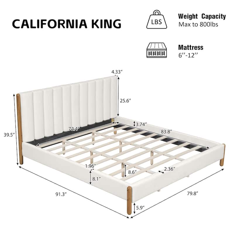 Boucle Upholstered Frame Bed, Vertical Stripes Thick Headboard Wingback Bed with Wood Slat Solid Wood Legs Support Platform Bed