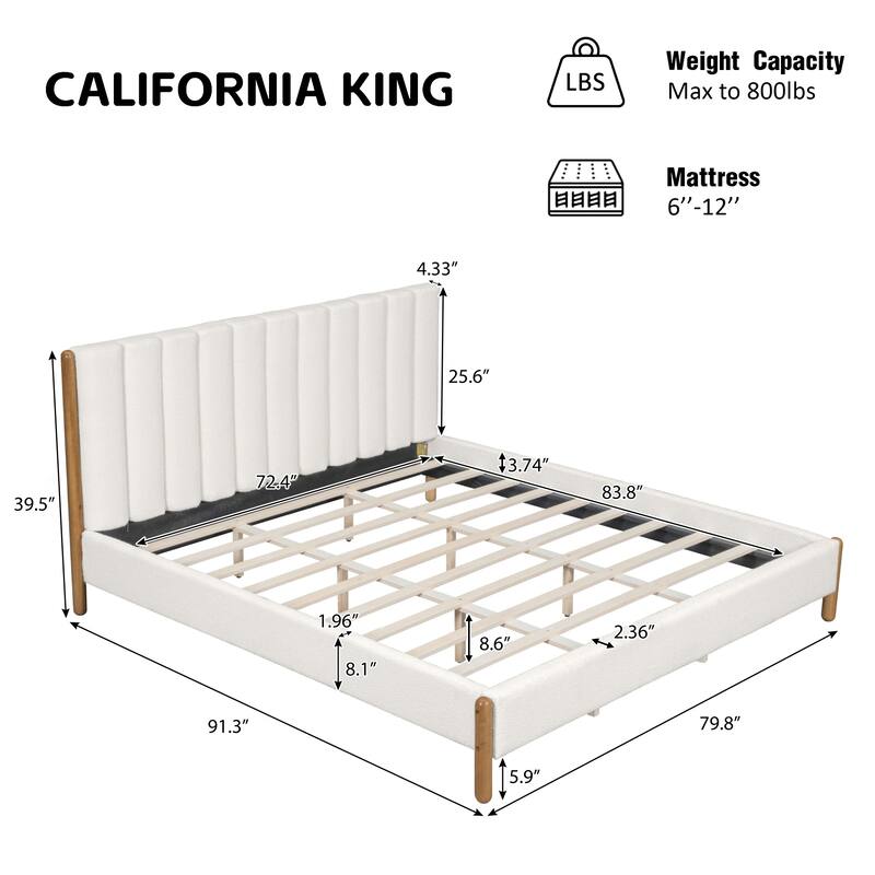 Roomfitters California King Boucle Upholstered Bed Frame with Thick Headboard and Solid Wood Legs, White