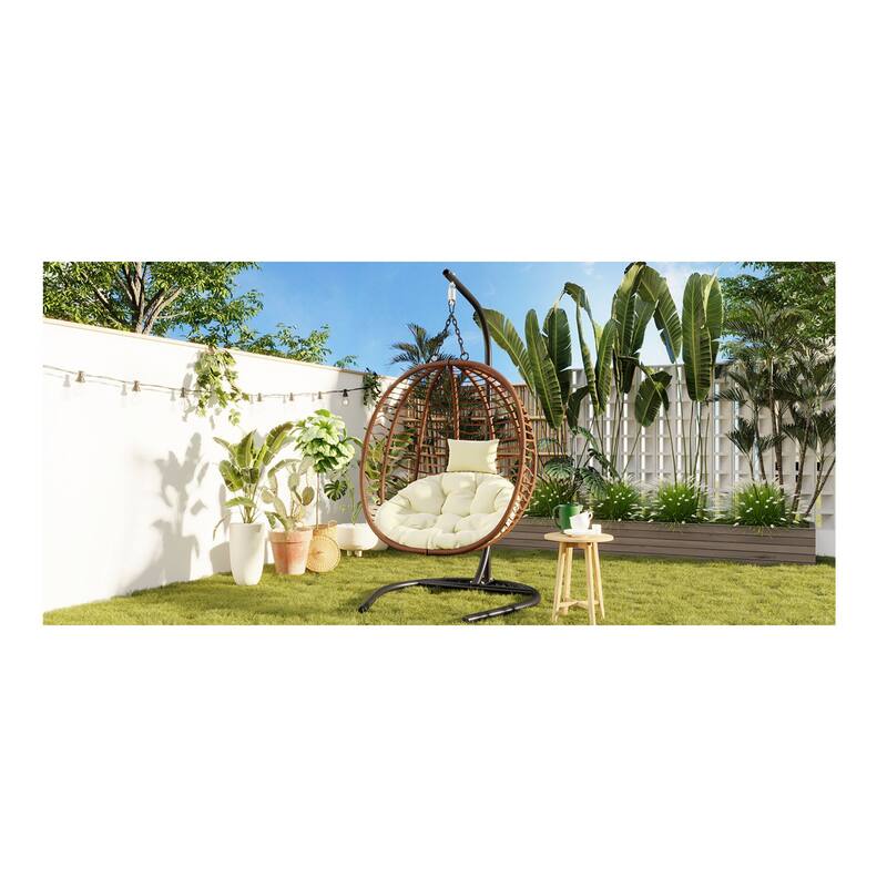 Roomfitters Single Person Folding Egg Chair with Stand, UV Resistant Wicker Rattan Swing for Patio, Garden