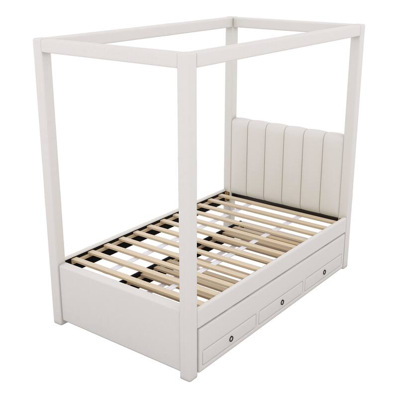 Bedroom Twin Size Canopy Bed Frame, Upholstery Linen Platform Bed with Three Storage Drawers and Pull-Out Trundle Bed