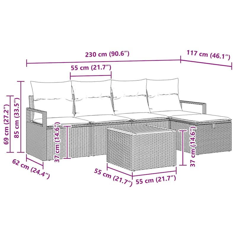 vidaXL 6 Garden Sofa Set with Cushions Black/Grey Poly Rattan - 90.6 x 46.1 x 27.2
