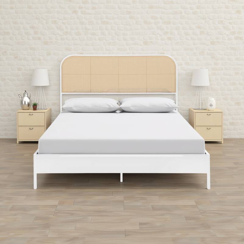 Ammy Queen Bed, Radio Weave Headboard, Brown Faux Rattan, White Metal