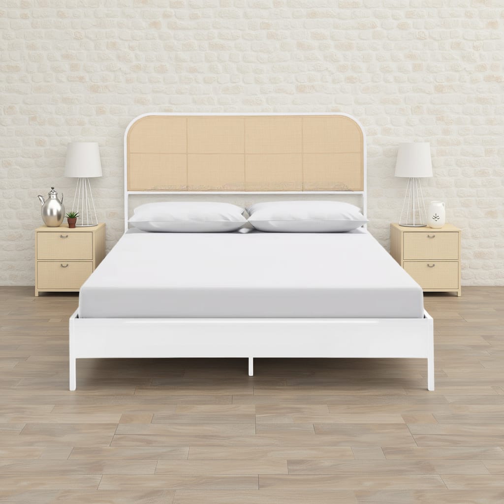 Ammy Queen Bed, Radio Weave Headboard, Brown Faux Rattan, White Metal