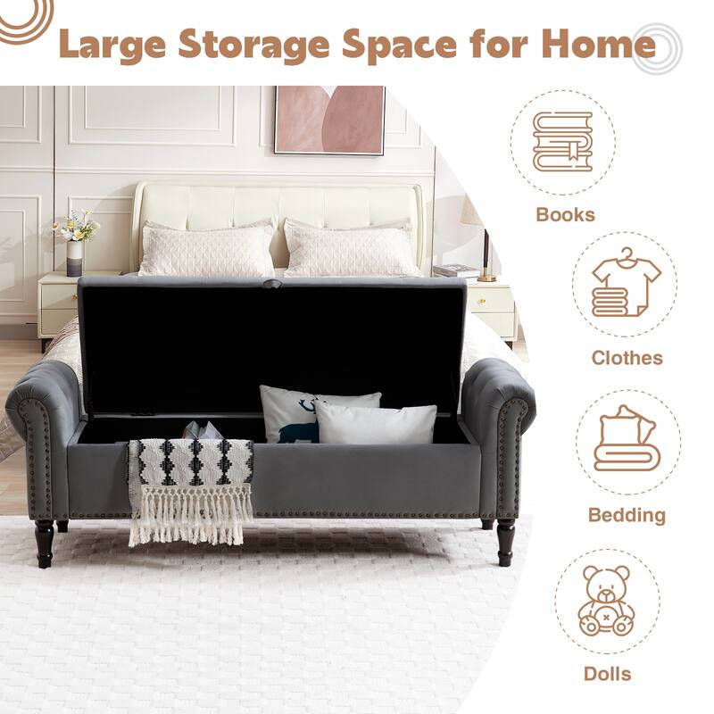 67" Velvet or PU Tufted Storage Bench for Bedroom End of Bed with Roll Arms