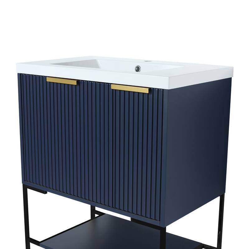 30 inch Plywood Freestanding Bathroom Vanity Set in Navy Blue with Integrated Resin Sink