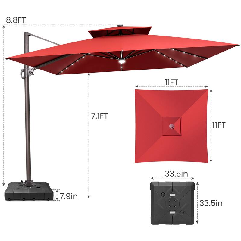 11 ft Solar Powered LED Aluminum Patio Cantilever Umbrella 360-degree Rotation with Weights Base