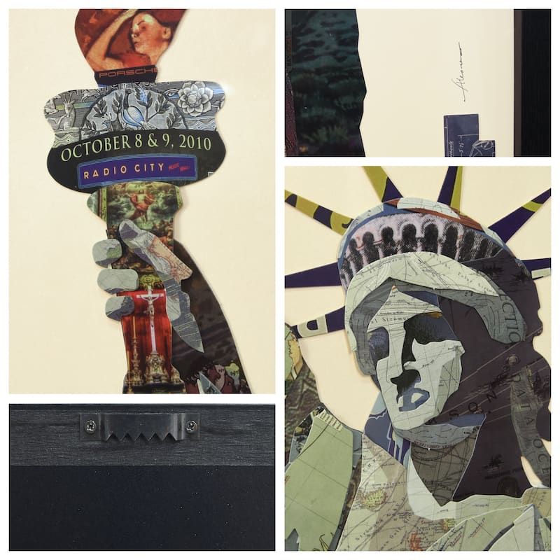 Empire Art "Lady Liberty" Alex Zeng's dimensional collage, under glass & a black shadow box frame