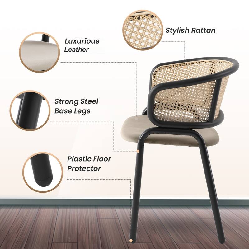 LeisureMod Set of 2 Modern Leather Dining Chair with Wicker Back & Black Steel Frame - Accent Side Armchair for Home Furniture