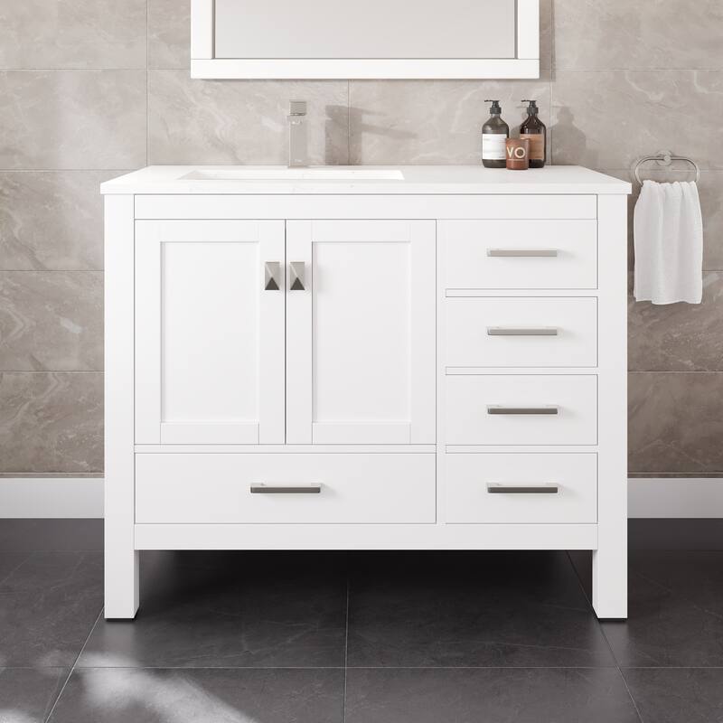 London 42 in. White SS Bath Vanity with Carrara Quartz Top & Undermount Sink - 42" - White