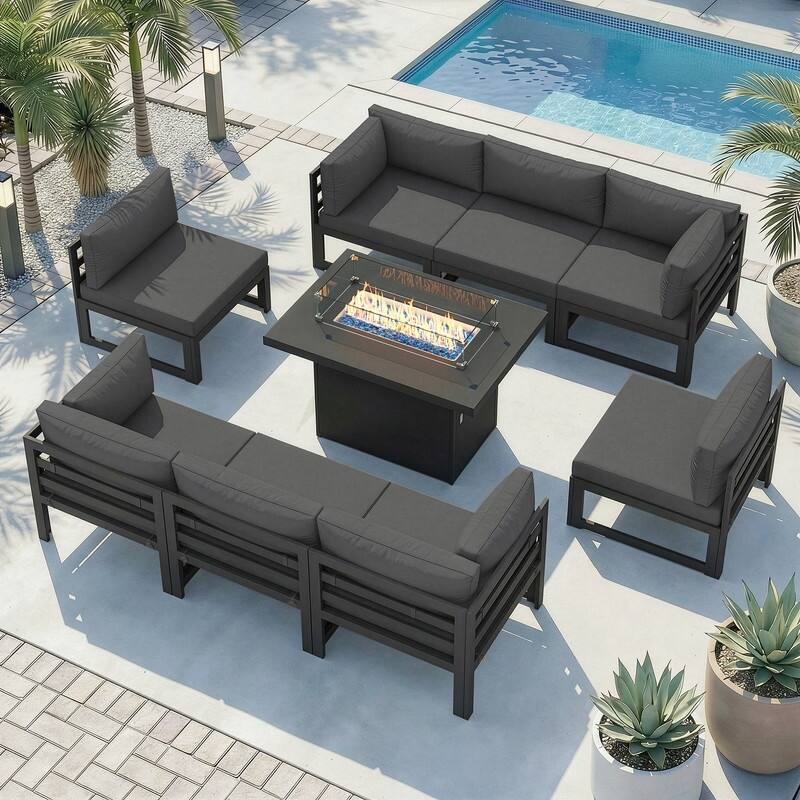 9-Piece Aluminum Outdoor Furniture Set With Fire Pit Table Propane/Natural Gas 60,000 BTU, Extra Large Aluminum Patio Sectional