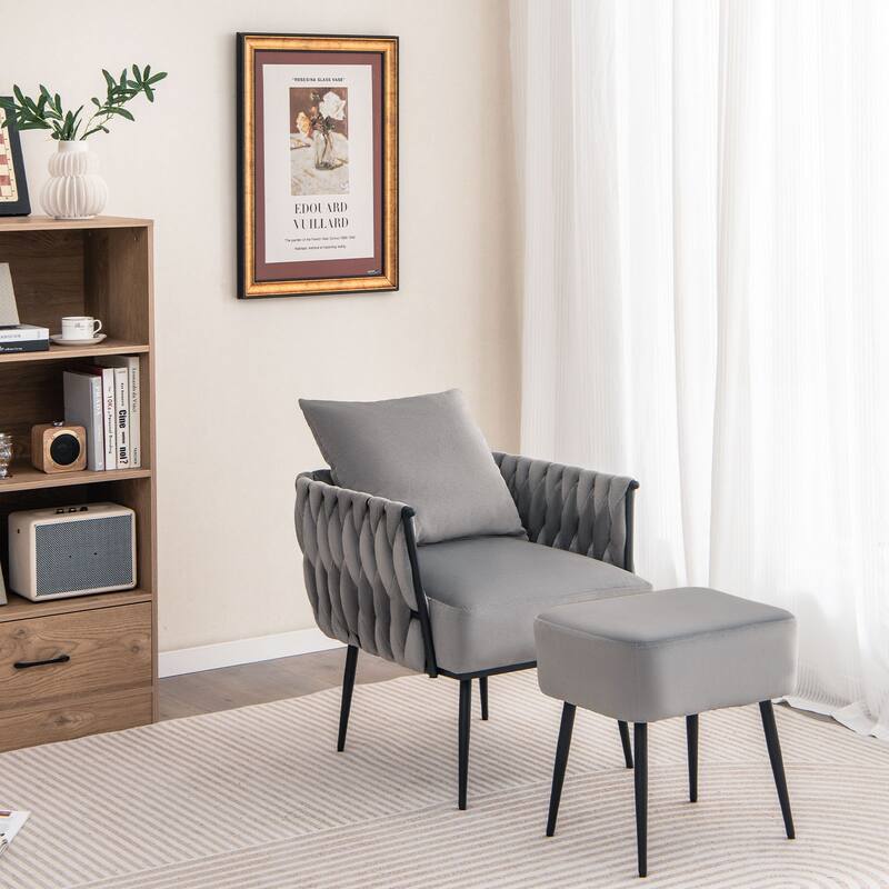 Dutch Velvet Accent Chair with Ottoman and Pillow on Black Metal Frame - 26” x 25.5” x 32”