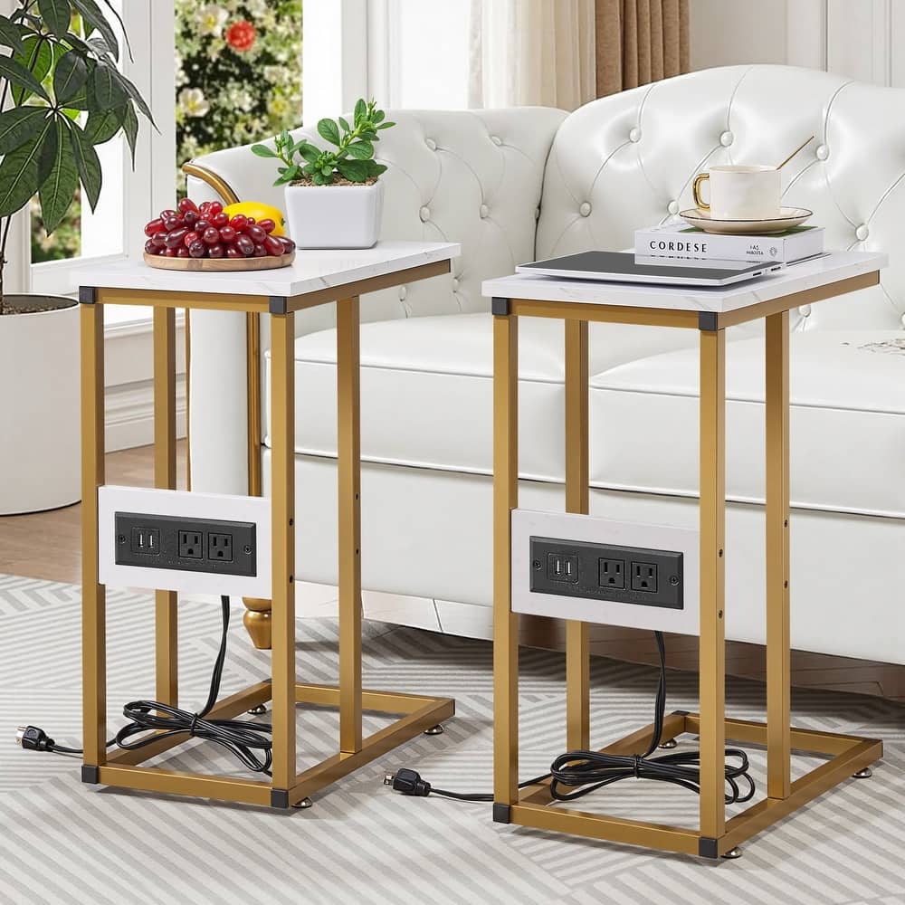 Javlergo Set of 2 C-Shaped End Tables with Charging Station Outlets & USB Fits Sofa Bed for Small Spaces Nightstand & Sofa Table