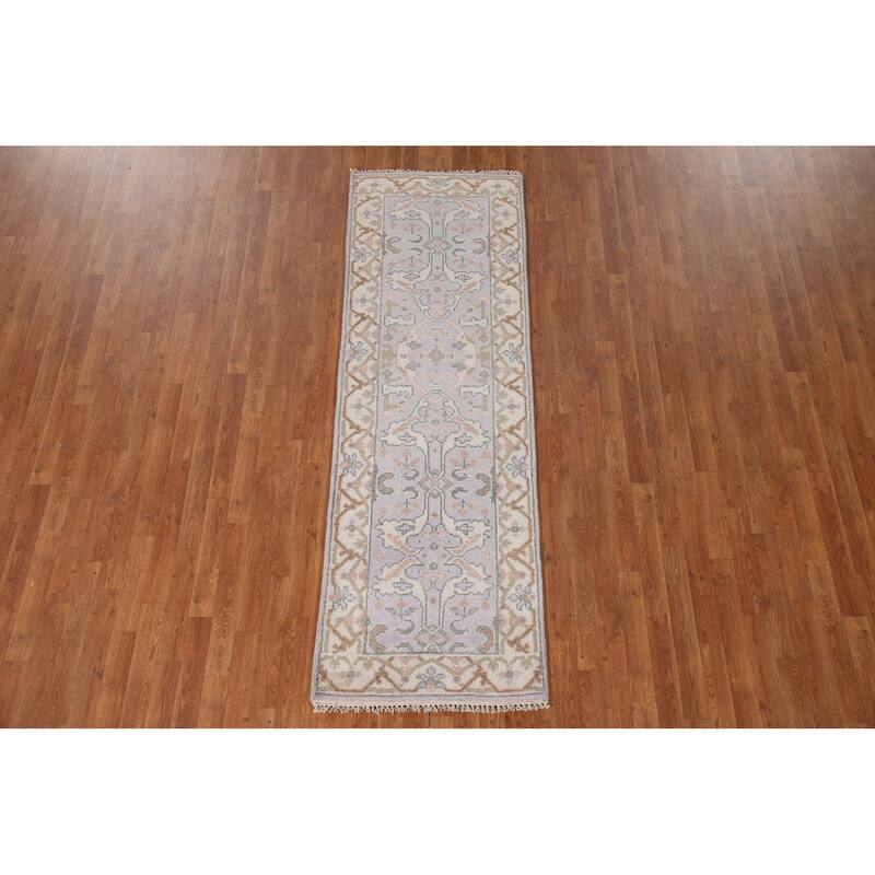 Floral Grey Oushak Runner Rug Hand-knotted Wool Carpet - 2'7"x 7'10"