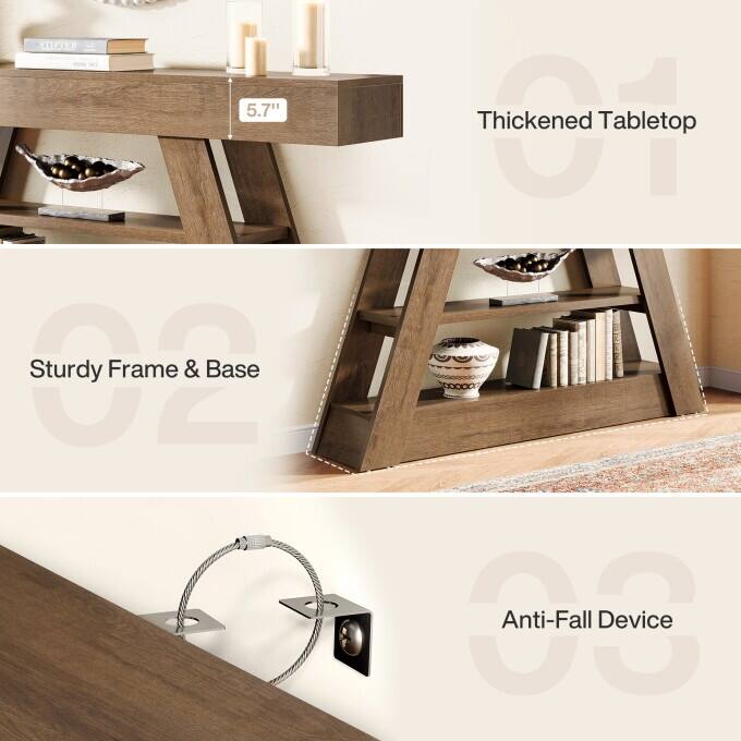 63-Inch Console Table, Wooden Entryway Table with Storage Shelves