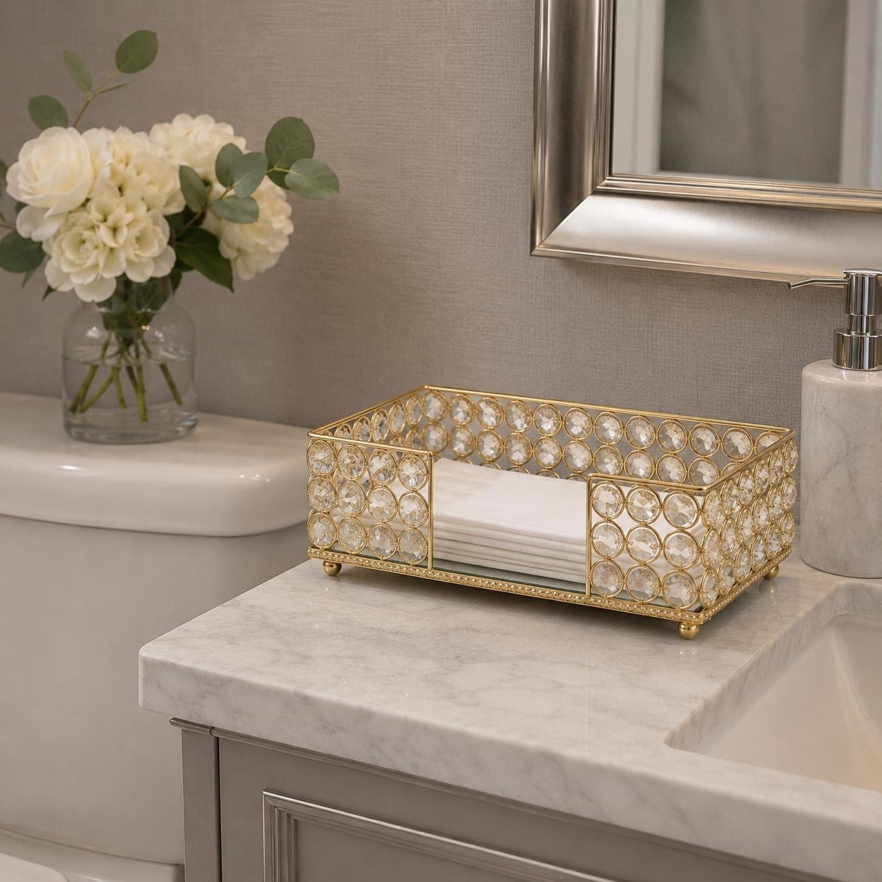 HomeRoots 10" Gold Iron And Crystal Rectangular Napkin Holder - 9.50 in. x 2.75 in. x 5.50 in.