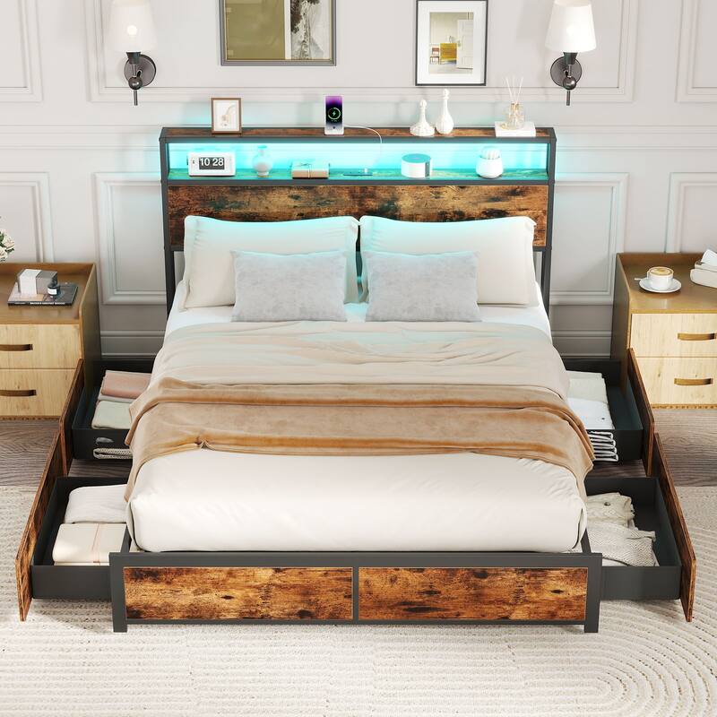 Gymax Queen Size LED Bed Frame w/2-Tier Storage Headboard & 4 Drawers