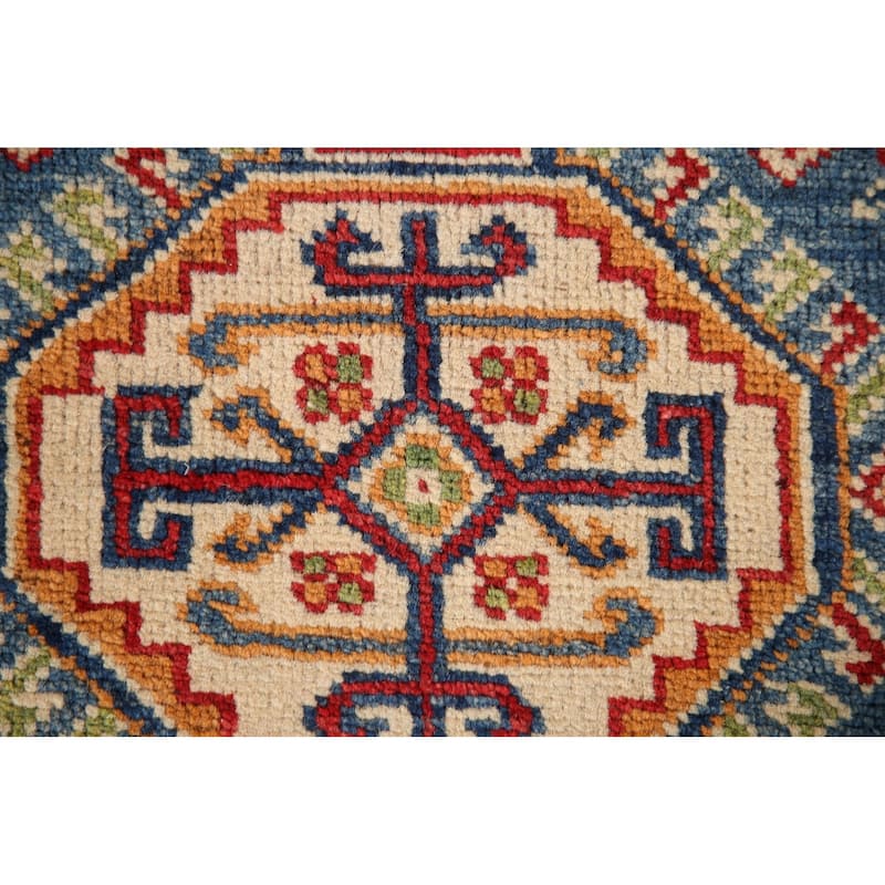 Blue Kazak Oriental Accent Rug Hand-Knotted Geometric Wool Carpet - 2'8"x 4'1"