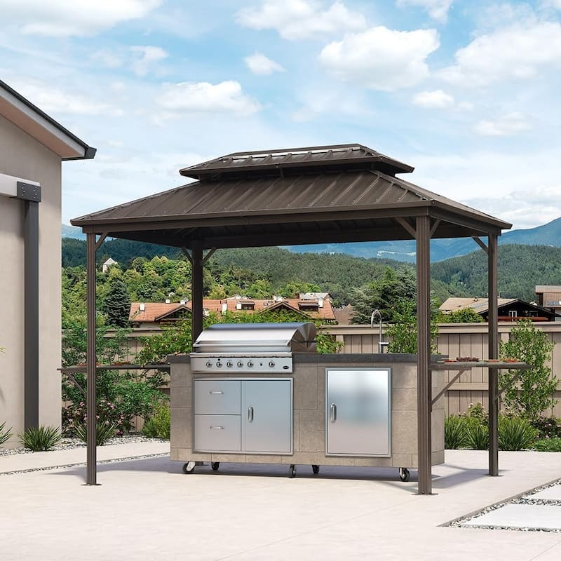 PURPLE LEAF Hardtop Grill Gazebo Galvanized Steel Roof Outdoor BBQ Canopy with Ceiling Hook and Shelves - 6.5ft x 10ft - Bronze