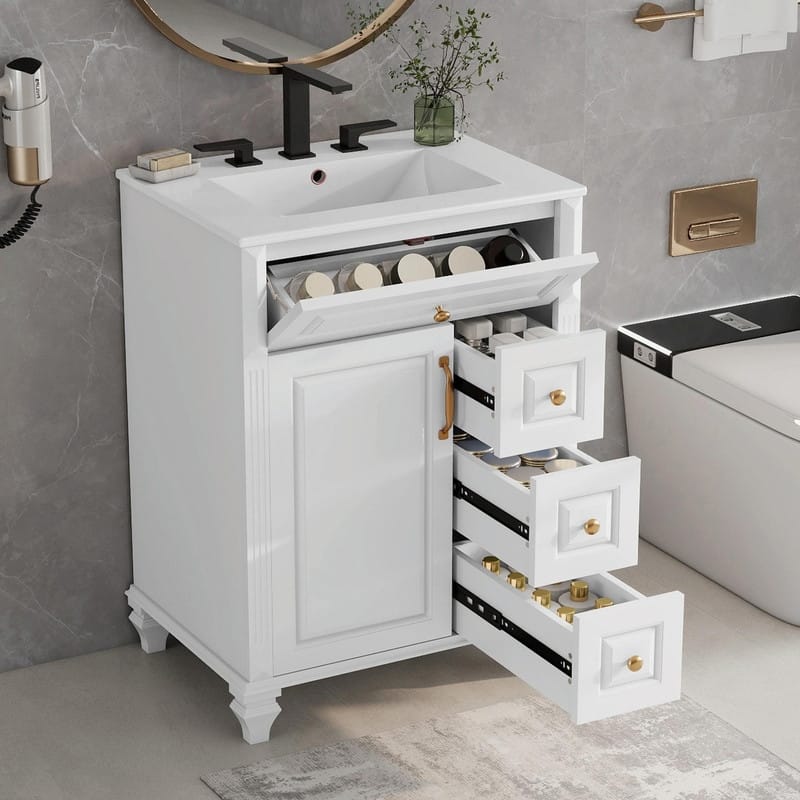 24" Bathroom Vanity with Sink, Freestanding Vanity Cabinet with Flip-Out Drawer, 3 Drawers, Ceramic Top