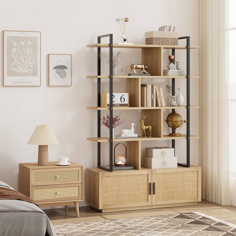 5 Tier Rattan Bookshelf with Storage Cabinet & Door