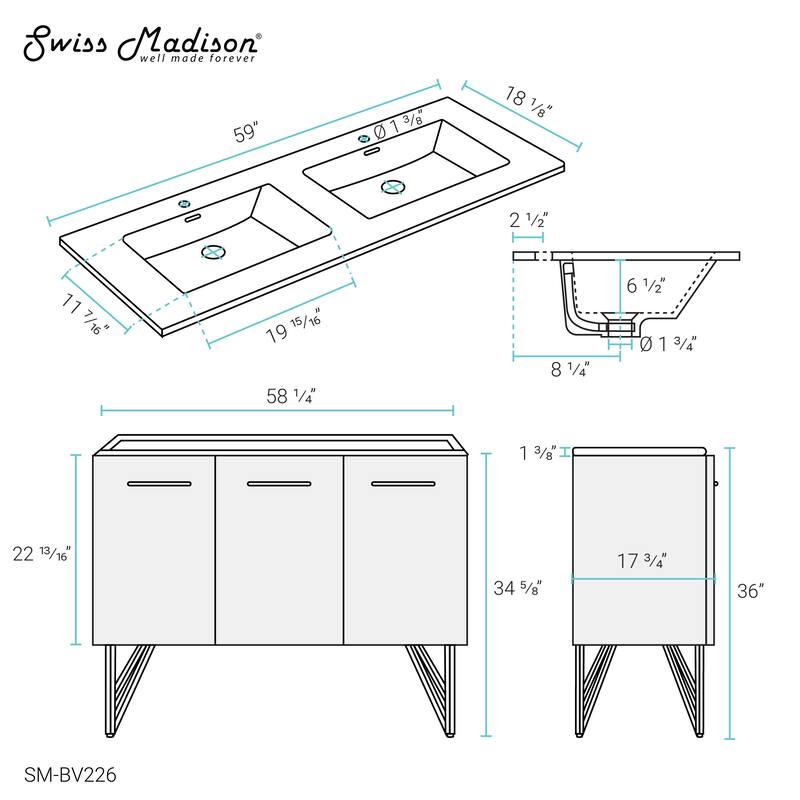 Swiss Madison Annecy 60" Double, Two Doors, One Drawer, Bathroom Vanity