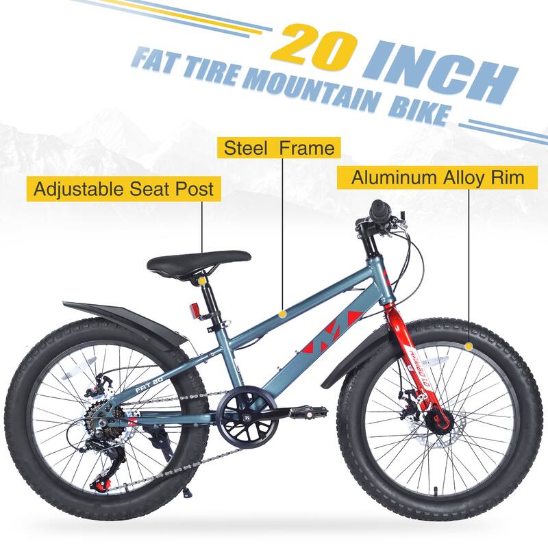 20 Inch Kids Bicycles Fat Tire Mountain Bike, Kids Beach & Snow Bicycle with Dual-Disc Brake & Shimano 7-Speed for Boys & Girls