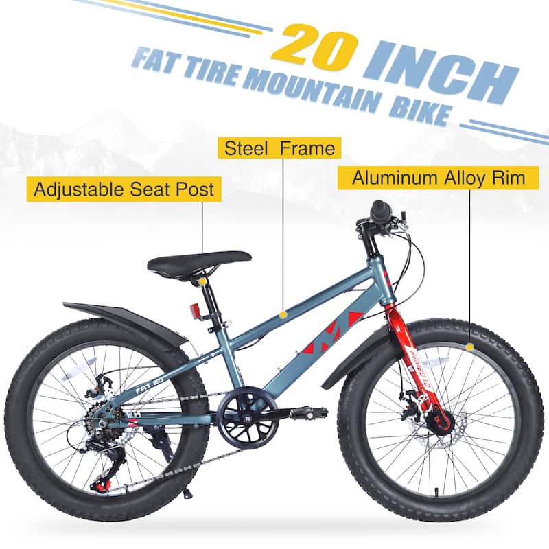 20-Inch Kids Mountain Bike, Fat Tires, Shimano 7-Speed, Dual-Disc Brakes, for Boys and Girls, Ages 5+
