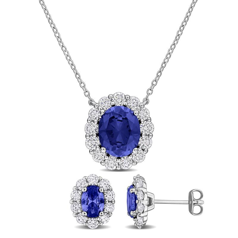 Miadora Sterling Silver Gemstone Halo Necklace and Earrings Set - Blue