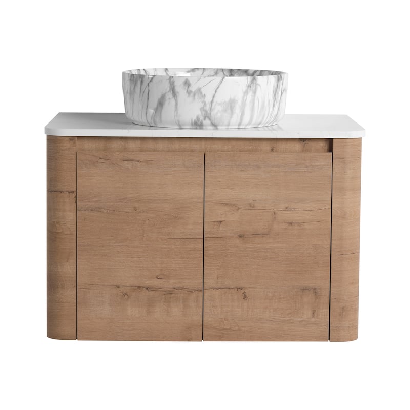 30'' Wall-Mounted Bathroom Vanity With Ceramic Art Sink & 2-Soft-Close Door, KD-Packing, Plywood