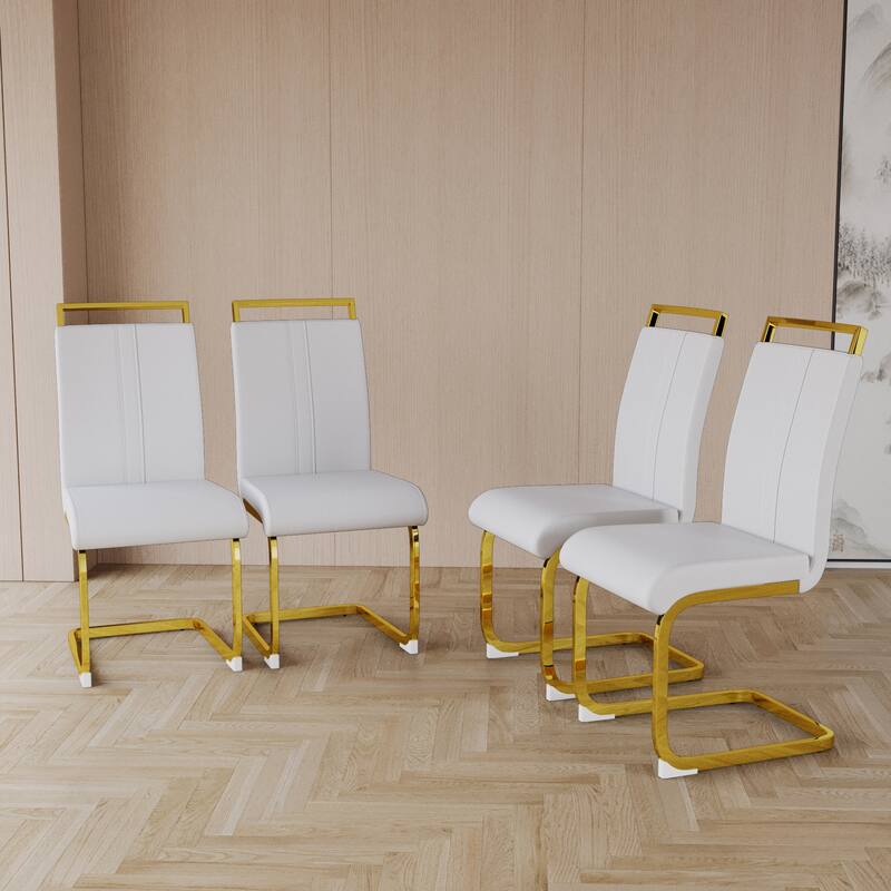 High Back Upholstered Side Chair Office Chair with Metal Legs, Characteristic Dining Chair White Gold Vanity Chair