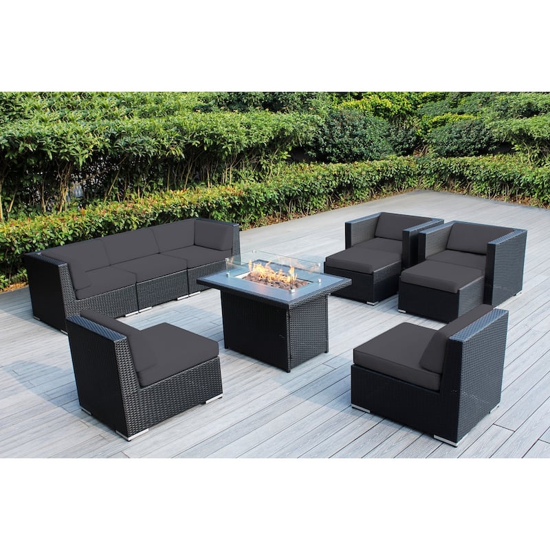 Ohana 10 Piece Black Wicker Patio Sectional Set with Fire Table - Sunbrella Coal